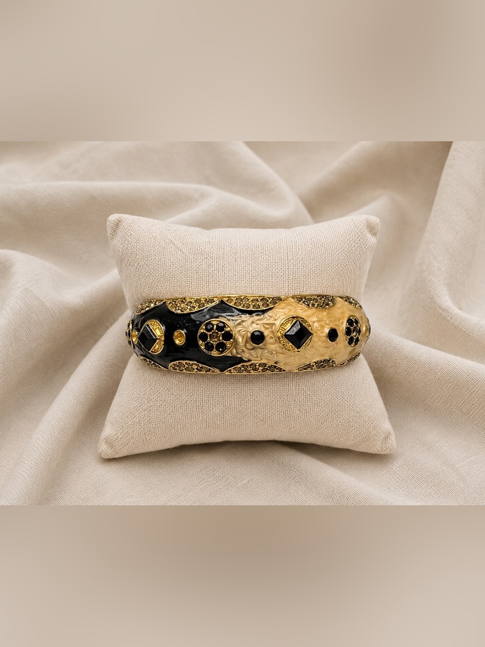 Vintage Black & Ivory Statement Bangle Bracelet – Gold Tone & Crystal Accents